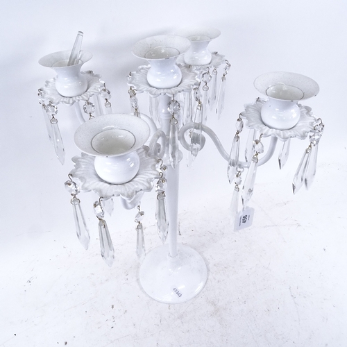 456 - A Vintage white painted metal 4-branch candelabra with glass drops, height 45cm