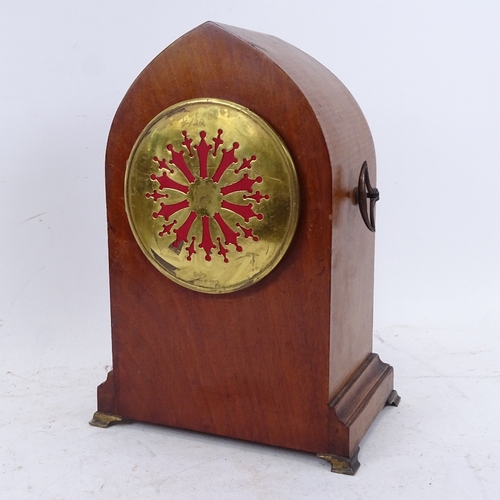 457 - A French mahogany lancet-top 8-day mantel clock, satinwood inlay with brass mounts and white enamel ... 