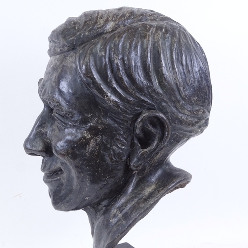 463 - A silver patinated plaster maquette head sculpture of a man, on marble base, unsigned, height 49cm