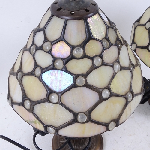 466 - A pair of Vintage Tiffany style mother-of-pearl and glass bead leadlight panel table lamps, height 3... 