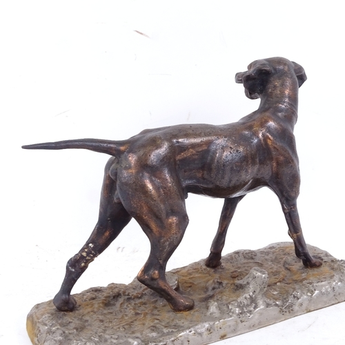 469 - A silver painted cast-iron Pointer dog sculpture, unsigned, base length 28cm