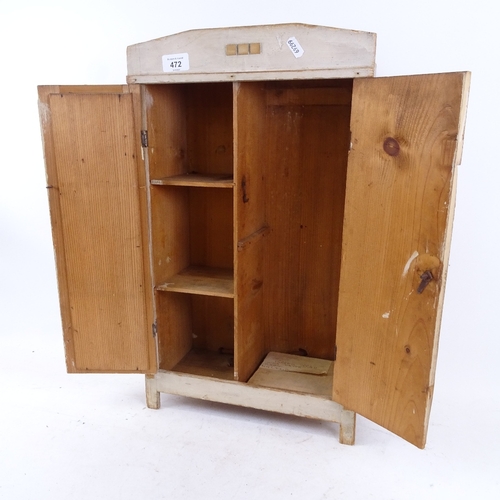 472 - A Vintage painted pine table-top doll's house wardrobe, with mirrored door and internal shelving, ov... 