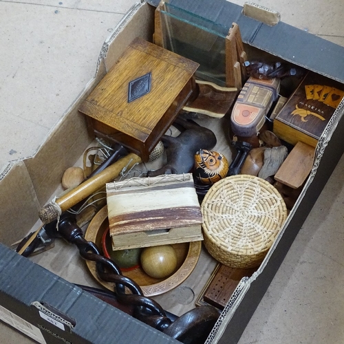 481 - Various Tribal hardwood items, oak twist stem candlestick, set of bone dominos etc (boxful)