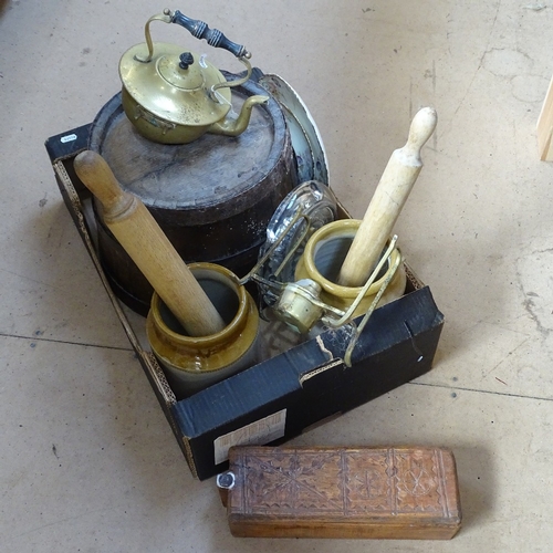 485 - A Victorian brass spirit kettle and burner, stoneware jars, coopered oak barrel etc (boxful)