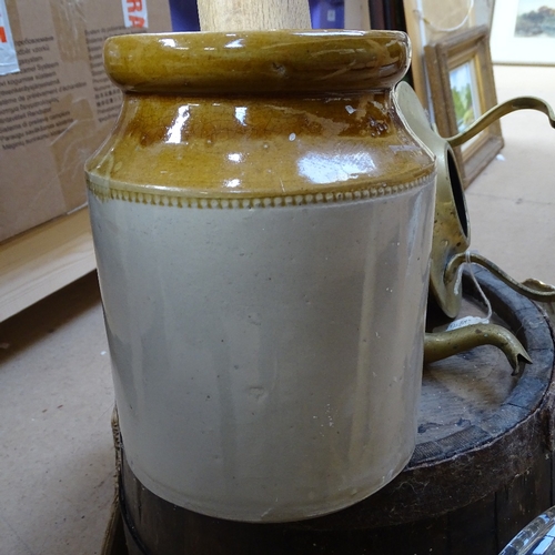 485 - A Victorian brass spirit kettle and burner, stoneware jars, coopered oak barrel etc (boxful)