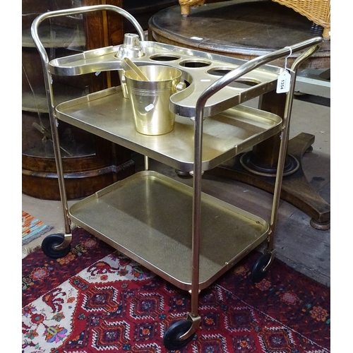 1354 - A Vintage gold-effect metal 3-tier drinks trolley, with ice bucket and cocktail shaker, W77cm, H80cm