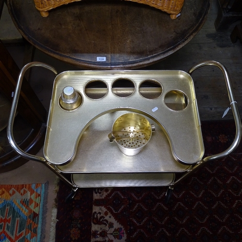 1354 - A Vintage gold-effect metal 3-tier drinks trolley, with ice bucket and cocktail shaker, W77cm, H80cm