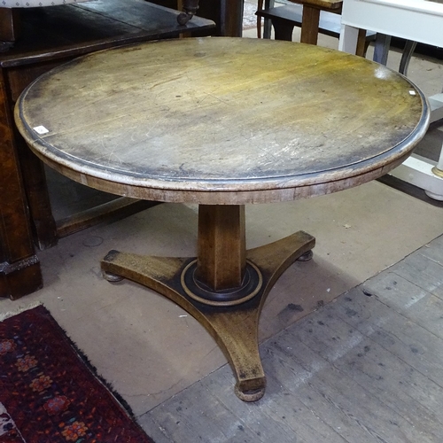 1356 - 19th century mahogany circular tilt-top breakfast table, on trefoil platform base, W104cm, H73cm