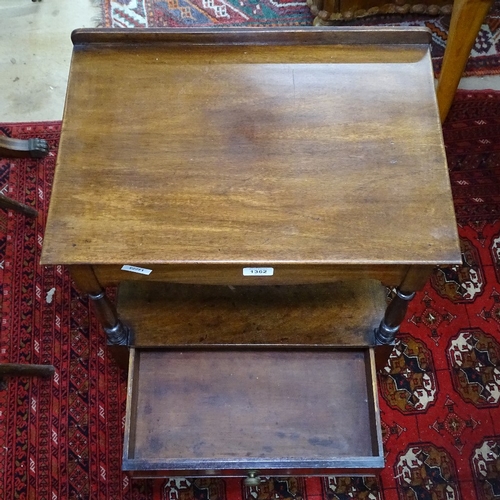 1362 - A Georgian mahogany side table, short raised gallery, with single drawer on turned legs, W51cm, H80c... 