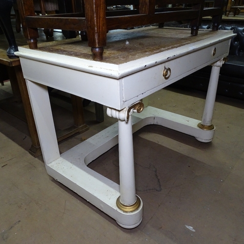 1371 - An Antique painted and gilded console table, with single frieze drawer and barrel turned legs, W110c... 