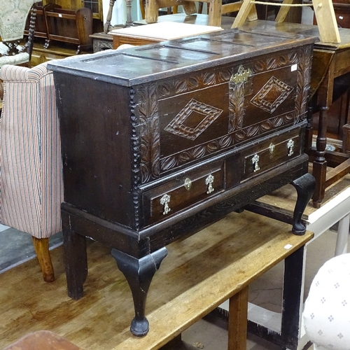 1375 - 18th century chip carved oak mule chest on stand, W103cm, H85cm