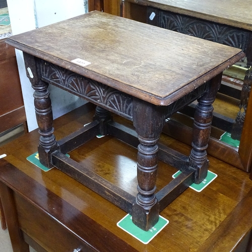 1377 - A small carved oak joint stool, W46cm, H36cm