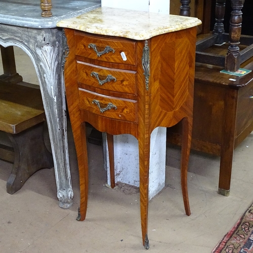 1379 - A Continental kingwood and inlaid marble-top bedside chest, 3 frieze drawers, and ormolu mounts, W34... 