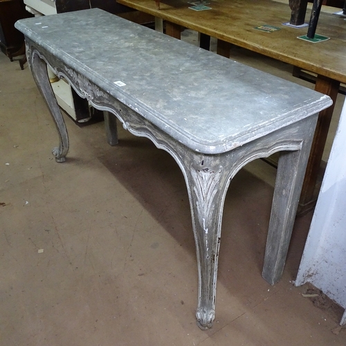 1381 - A painted and distressed design console table, with carved frieze on cabriole legs, L140cm, H75cm, D... 