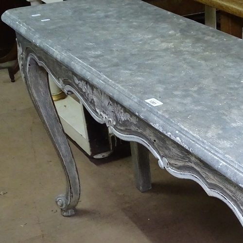 1381 - A painted and distressed design console table, with carved frieze on cabriole legs, L140cm, H75cm, D... 