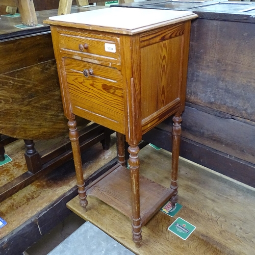 1384 - A French pitch pine and marble-top bedside cupboard