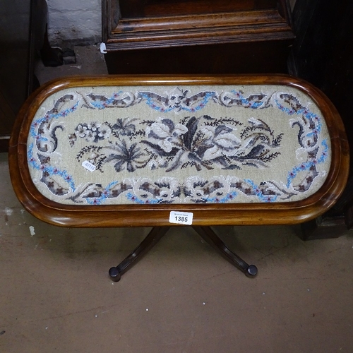 1385 - An Antique mahogany occasional table, with an inset beadwork panel, W61cm, H57cm