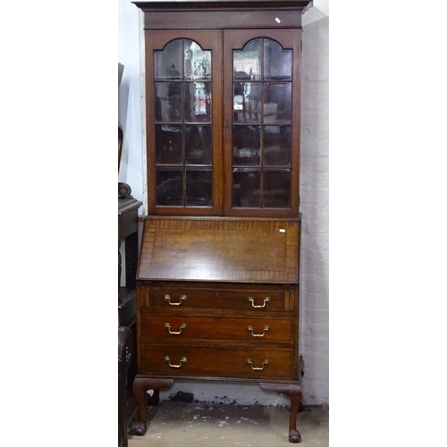 1387 - An Edwardian mahogany and ebony-strung bureau bookcase, W84cm