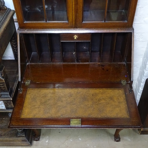 1387 - An Edwardian mahogany and ebony-strung bureau bookcase, W84cm