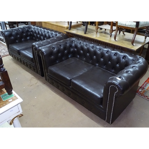 1388 - A pair of chocolate brown button-back leather-upholstered 2-seater Chesterfield settees, L155cm, H70... 