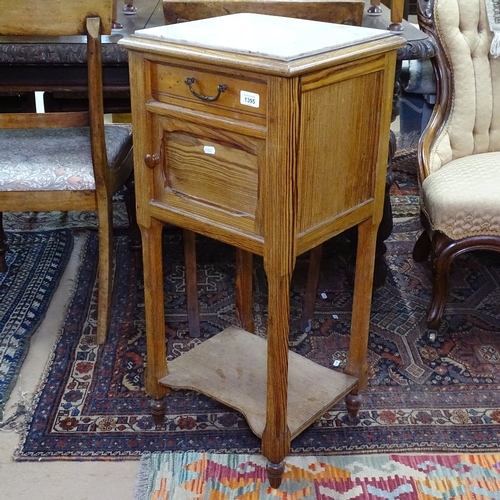 1395 - A French marble-top and pitch pine bedside cupboard, W37cm, H83cm