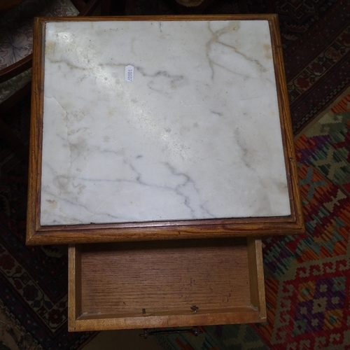 1395 - A French marble-top and pitch pine bedside cupboard, W37cm, H83cm