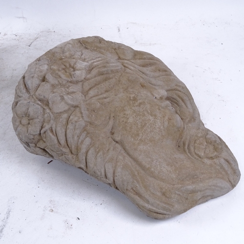 505 - Concrete garden ornament head, and a concrete cherub, length 30cm