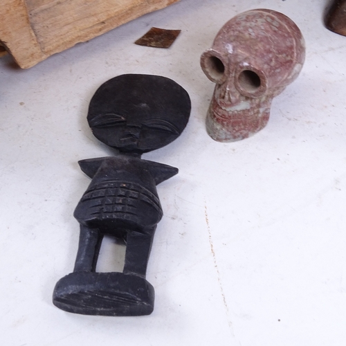 521 - A carved ebony African head, 35cm, and 2 others, a painted gourd, a Tribal carved wood stool, toy ve... 