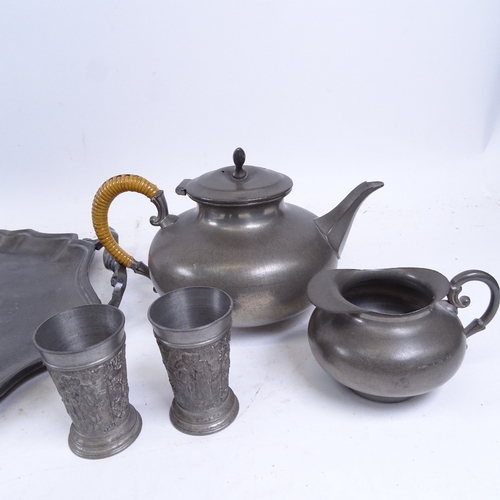 527 - Dutch pewter 4-piece tea set on tray, and 2 beakers