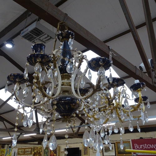 543 - 2 similar gilt and ceramic chandeliers with lustre drops, diameter 45cm