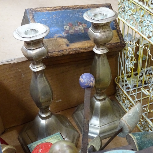 573 - Candlesticks, box, hors d'oeuvres tray, bird cage etc