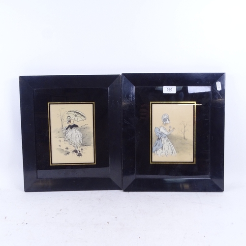 580 - A pair of watercolour and embroidered pictures of young ladies, in original ebonised frames, 