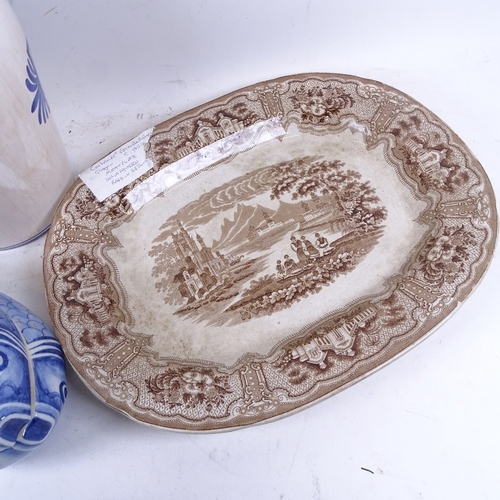 603 - Fish and frog tureens, 2 Victorian meat plates, and a white and blue jar and cover