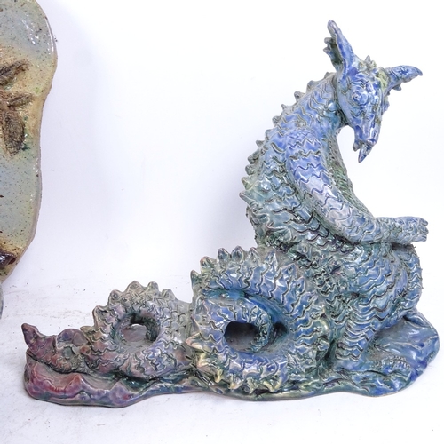 653 - Glazed clay sculpture of Eurydice, 22.5cm, a sea dragon, and sculpture of a lady by Lynne Summerfiel... 