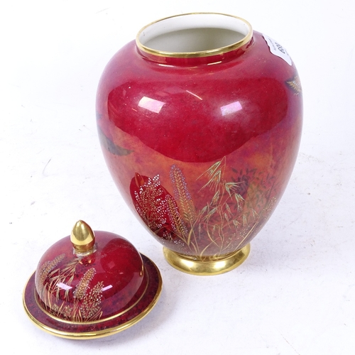 689 - Carlton Ware Rouge Royale jar and cover with painted and gilded bird design, Wedgwood Jasperware ite... 