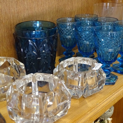 692 - 2 silvered vases, 9cm, 6 blue goblets, 4 engraved tumblers etc