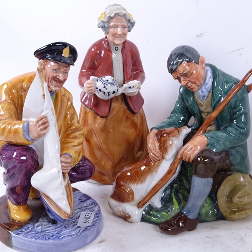 704 - 3 Royal Doulton figures - The Master, Sailors Holiday, and Tea Time, and 5 glass jelly moulds