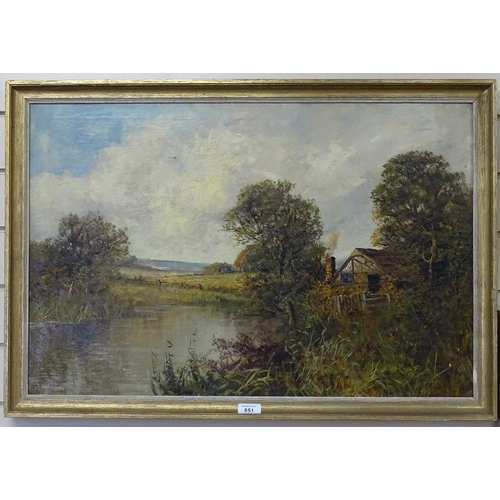 851 - F G Jamieson, oil on canvas, lakeside cottage, signed,  50cm x 75cm, framed