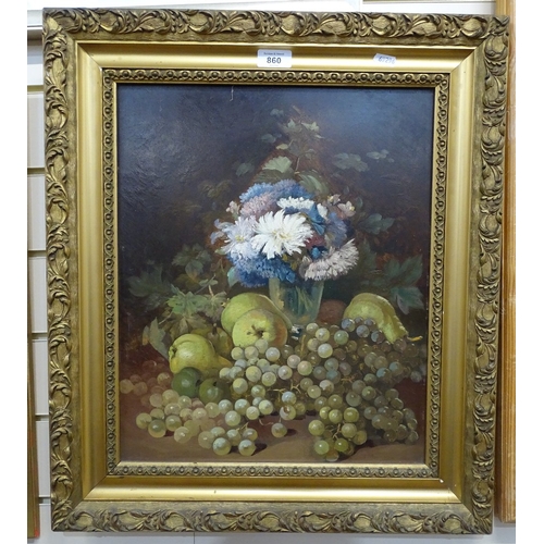 860 - Oil on board, still life flowers and fruit, unsigned, 44cm x 36cm, framed