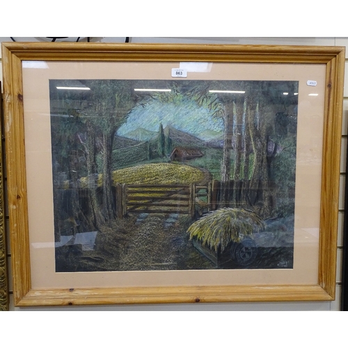 863 - W Phillips, coloured pastels, view towards farmyard barn, signed and dated '95, 49cm x 62cm, framed