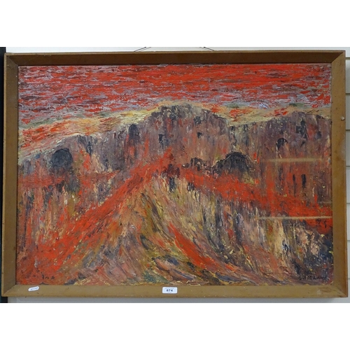 874 - R R Laidlaw, mid-century oil on board, study in red, signed, Pan Pacific Arts Festival label verso, ... 