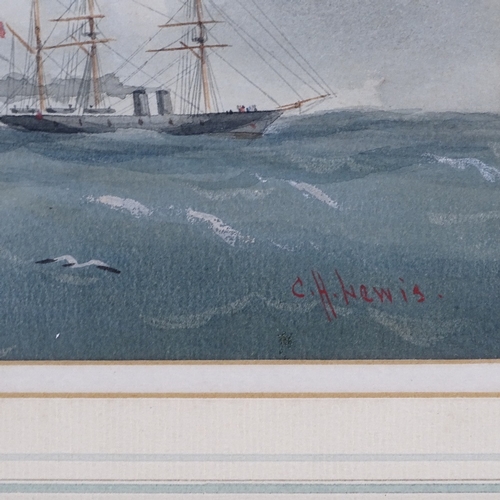 885 - C H Lewis, 19th century watercolour/gouache, shipping scene, signed, 16cm x 31cm, framed