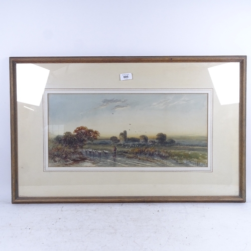 886 - J Wilton, watercolour, sunset landscape, 25cm x 53cm, framed