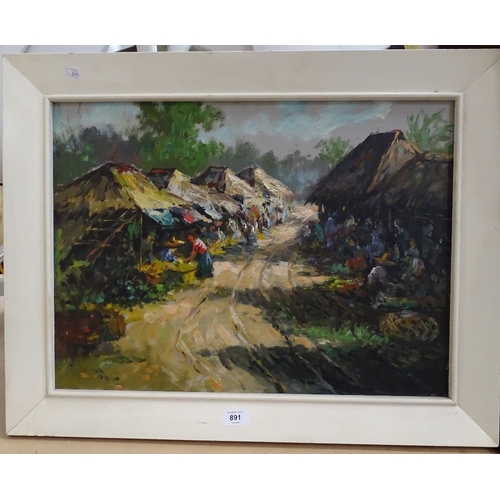 891 - Oil on canvas, S American market scene, unsigned, 42cm x 57cm, framed