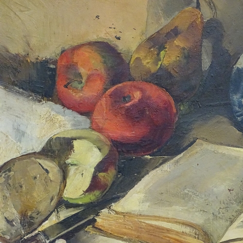 902 - Gruber, oil on canvas, still life fruit and book, signed, 50cm x 60cm, framed