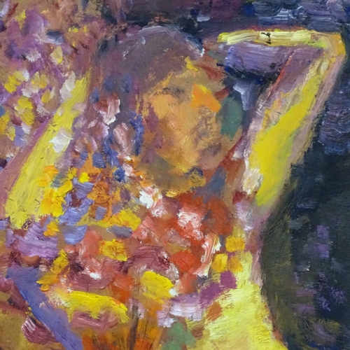 907 - Lovegrove, large oil on board, impressionist seated nude lady, signed verso, 74cm x 60cm, framed