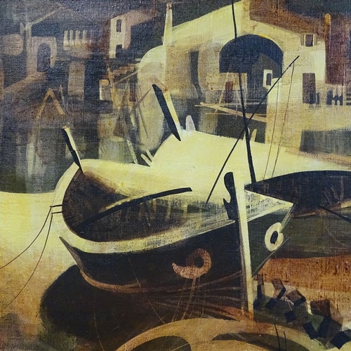 916 - Solis, (Croatian) oil on canvas, Harbour view of Pag, 65cm x 90cm, framed