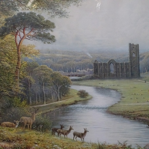 918 - A large textured coloured print, Abbey ruins, and a modern watercolour, farmyard scene, both framed ... 