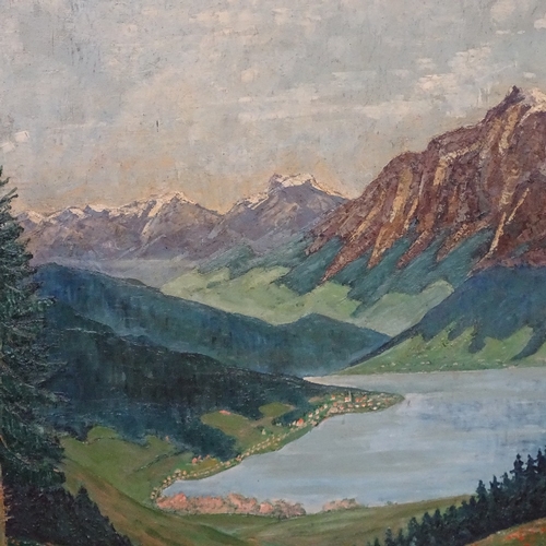 938 - A large mid-20th century oil on board, Swiss Alps scene, indistinctly signed, 79cm x 96cm, framed