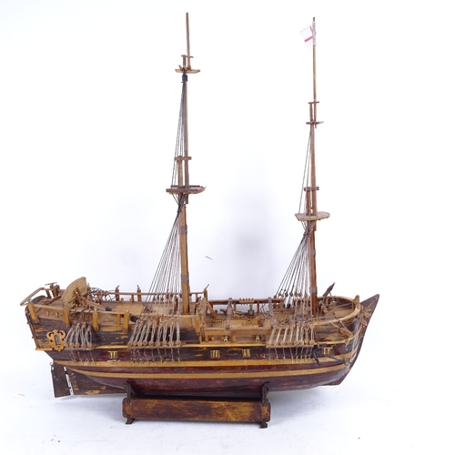 234 - Incomplete handmade model ship on stand, length 55cm, height 61cm